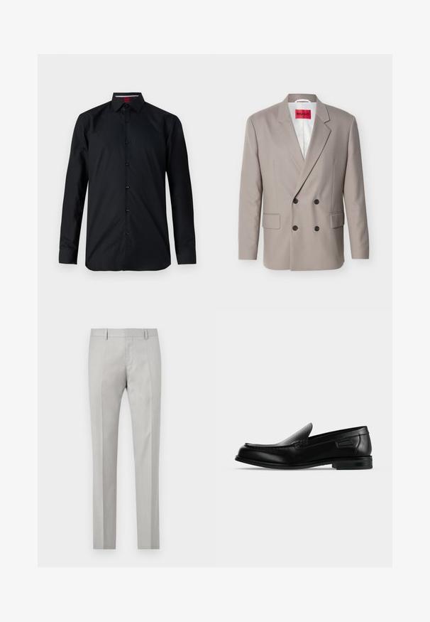 Lysebeige dobbeltradet blazer med sorte knapper, hakket revers, lommer med klap og rød HUGO-label på hvidt indvendigt foer.; Sort langærmet skjorte lavet af glat stof. Har en knaplukning foran, klassisk krave og diskret syning. Forstærkede manchetter.; Lys grå skræddersyede bukser med en glat tekstur, flad front og to sidelommer. Har lige ben og subtile plissé-detaljer.; Sort læder slip-on loafer med lav hæl, rundet tå og dekorative syninger langs øverste kant.