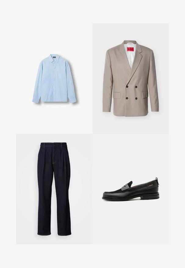 Lysebeige dobbeltradet blazer med sorte knapper, hakket revers, lommer med klap og rød HUGO-label på hvidt indvendigt foer.; Lyseblå skjorte med knapper, tynde lodrette hvide striber, lange ærmer og en spids krave, lagt fladt på en hvid baggrund.; Mørkeblå vidde denim jeans med frontfældninger og orange syninger, vist på hvid baggrund.; Sort læderloafer med grå remdetalje, lav hæl og tekstureret sål, mærket med "HUGO" i guld på siden.