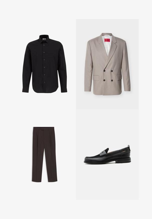 Lysebeige dobbeltradet blazer med sorte knapper, hakket revers, lommer med klap og rød HUGO-label på hvidt indvendigt foer.; Sort langærmet skjorte med knapper lavet af vævet stof, med klassisk krave, lige kant og sorte knapper langs forsiden.; Mørkebrune skræddersyede bukser med bæltestropper, forreste læg og lige ben, vist fladt på en hvid baggrund.; Sort læderloafer med grå remdetalje, lav hæl og tekstureret sål, mærket med "HUGO" i guld på siden.