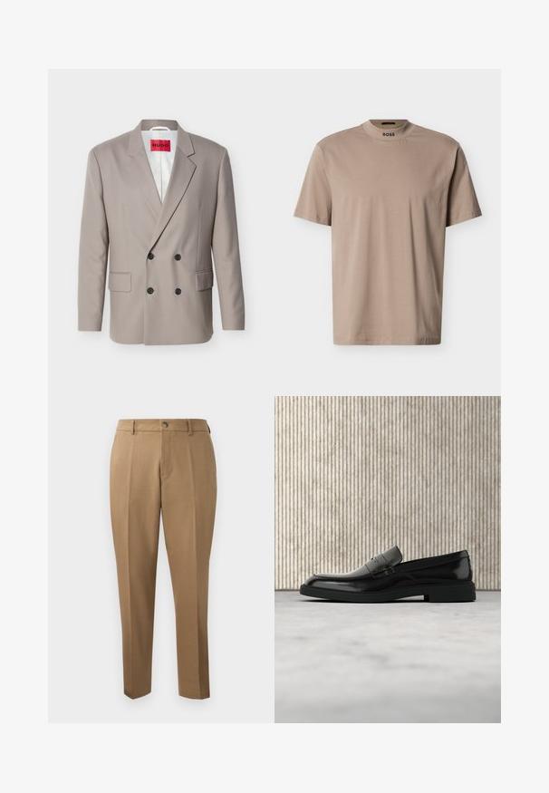 Hellbeiger zweireihiger Blazer mit schwarzen Knöpfen, nichtched Revers, Pattentaschen und rotem HUGO-Label auf weißem Innenfutter.; Beiges T-Shirt mit kurzen Ärmeln und hohem Rundhalsausschnitt sowie "BOSS"-Markenaufdruck am Kragen. Hergestellt aus weichem Stoff mit glatter Textur.; Braune maßgeschneiderte Hosen mit geradem Schnitt, seitlichen Falten, Gürtelschlaufen und einem vorderen Knopfverschluss. Glattes Gewebe mit matter Textur.; Schwarzer, polierter Lederloafer, der über einem beigen Teppich schwebt, mit orangener, durchscheinender Möbel im Hintergrund.
