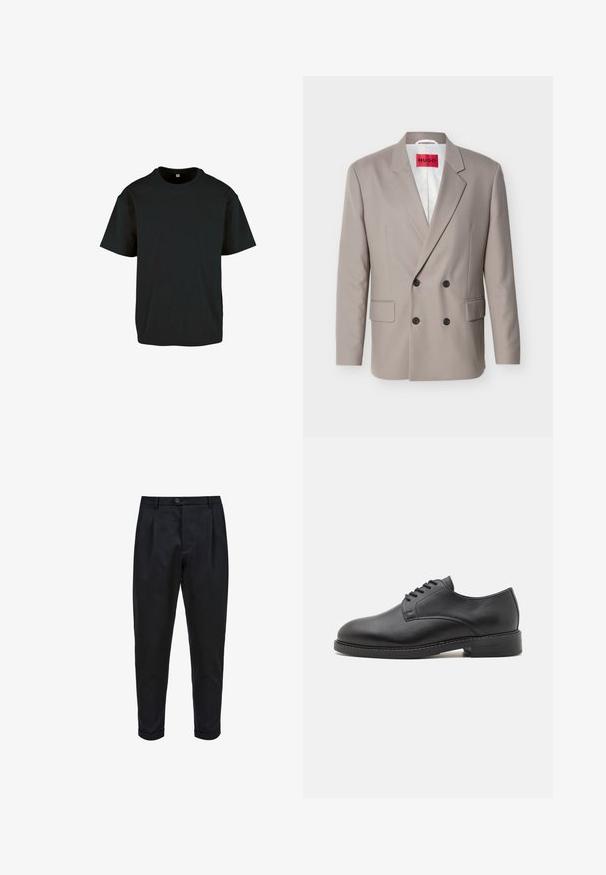 Lysebeige dobbeltradet blazer med sorte knapper, hakket revers, lommer med klap og rød HUGO-label på hvidt indvendigt foer.; Sort bomulds T-shirt med rund hals og korte ærmer; har en afslappet pasform og en glat, struktureret overflade.; Sorte bukser lavet af et glat stof, med plisseret for, tætsiddende pasform og optrukne mansjetter. Enkel knaplukning i taljen.; Sort læder oxford sko med en rund tå, der har en glat overflade, fem huller til snørebånd og en lav stablet hæl.