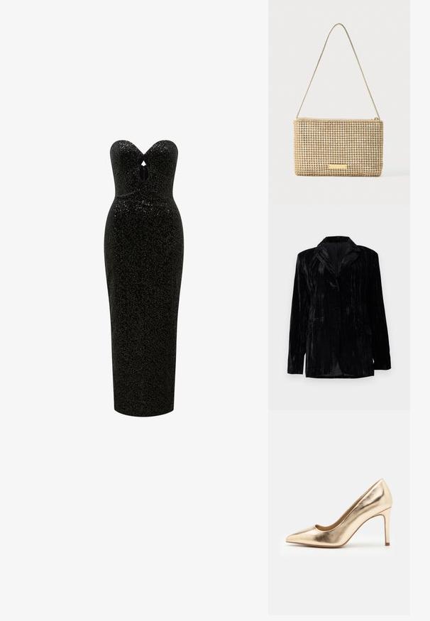 Schwarze Samtjacke mit senkrechtem Streifenmuster, Reverskragen, zwei vorderen Taschen und einem Einzelknopfverschluss. Taillierte Passform.; Schulterfreies, bodenlanges schwarzes Pailletten-Kleid mit herzförmigem Ausschnitt und kleinem Schlüsselloch-Ausschnitt an der Brust.; Goldfarbene Metallic-Pumps mit spitzem Zehenbereich und glatter Oberfläche. Ausgestattet mit einem geschlossenen Absatz und einem schlanken, eleganten Stiletto-Design.; Goldene Clutch mit rechteckiger Form, bedeckt mit glänzenden silbernen Strasssteinen. Verfügt über einen dünnen, metallischen Schulterriemen und einen Reißverschluss.