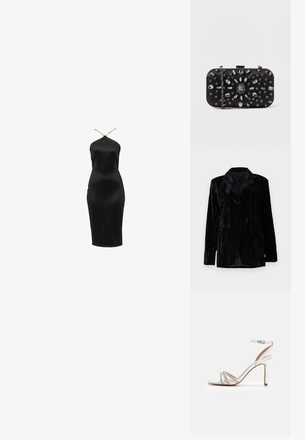 Black velvet jacket with vertical stripe texture, notch lapels, two front pockets, and a single button closure. Tailored fit.; Black satin bodycon dress with a halter neck design. Features a fitted silhouette and subtle sheen. Thin gold straps accent the neckline.; Silver high-heeled sandal with multiple straps featuring rhinestone accents, open toe design, and an ankle buckle. Smooth metallic finish.; Black clutch with a rectangular shape, adorned with various rhinestones in a floral pattern, featuring a silver chain for carrying.
