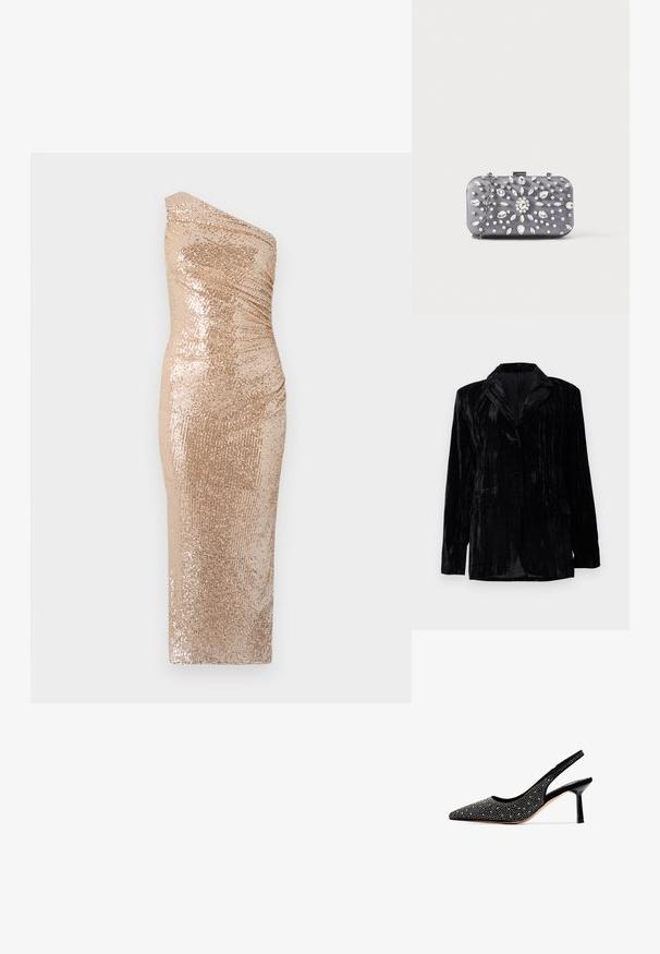 Sort velourjakke med lodrette striber, notch-kraver, to frontlommer og en enkelt knaplukning. Skræddersyet pasform.; Bodycon kjole med en skulderdesign, lavet af glitrende stof i guld. Har en tætsiddende silhuet og glat tekstur.; Sorte suede slingback pumpe med spids tå, prydet med metalliske nitter og en blank sort stiletto hæl. Glat indvendig foring.; Lille rektangulær mørkegrå clutch pyntet med klare rhinsten i et strålende mønster og en sølvkæde som strop.