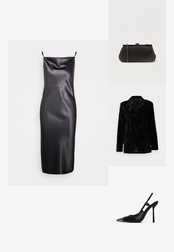 Sort velourjakke med lodrette striber, notch-kraver, to frontlommer og en enkelt knaplukning. Skræddersyet pasform.; Samsøe Samsøe FREDERICKA LONG DRESS - Cocktailkjole / festkjole - ombre dark; Sorte slingback pumper med spids tå og skinnende metallisk kappe. Har en høj stilettohæl og slank ankelrem. Glat lædertekstur.; Sort mesh clutch-taske med en struktureret silhuet, prydet med små metalstuds, har en låsemekanisme og en aftagelig kæderekke.