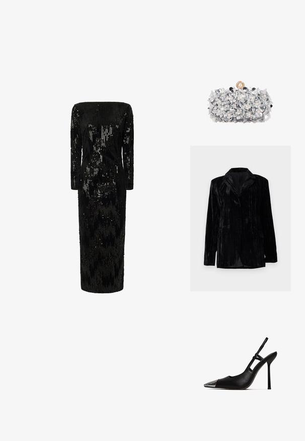 Schwarze Samtjacke mit senkrechtem Streifenmuster, Reverskragen, zwei vorderen Taschen und einem Einzelknopfverschluss. Taillierte Passform.; Schwarz mit Pailletten verzierter Kleid mit langen Ärmeln, schulterfreier Ausschnitt und gerader Silhouette; verfügt über eine strukturierte, schimmernde Oberfläche.; Schwarzer Slingback-Pump mit spitzem Zeh und glänzender metallischer Kappe. Verfügt über einen hohen Stiletto-Absatz und einen schmalen Knöchelriemen. Glatte Lederoberfläche.; Rechteckige silberne Clutch, verziert mit geschichteten metallischen Blumen und kleinen Perlen, mit einem großen Perlenverschluss oben.