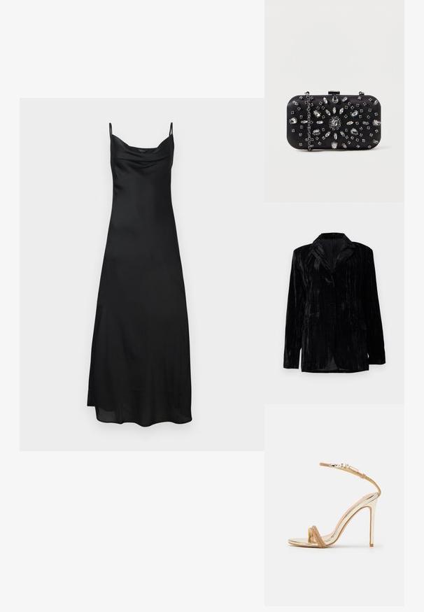 Chaqueta de terciopelo negro con textura de rayas verticales, solapas con muesca, dos bolsillos frontales y cierre de un solo botón. Corte entallado.; Vestido de satén negro sin mangas con tirantes finos, escote en cowl y una silueta fluida. La tela tiene una textura suave y brillante.; Sandalia de tacón alto dorada con un acabado metálico brillante, tira texturizada en tono nude y correa delgada en el tobillo asegurada con un broche. Diseño de punta abierta.; Clutch negro de forma rectangular, decorado con varios strass en un patrón floral, con una cadena plateada para llevar.