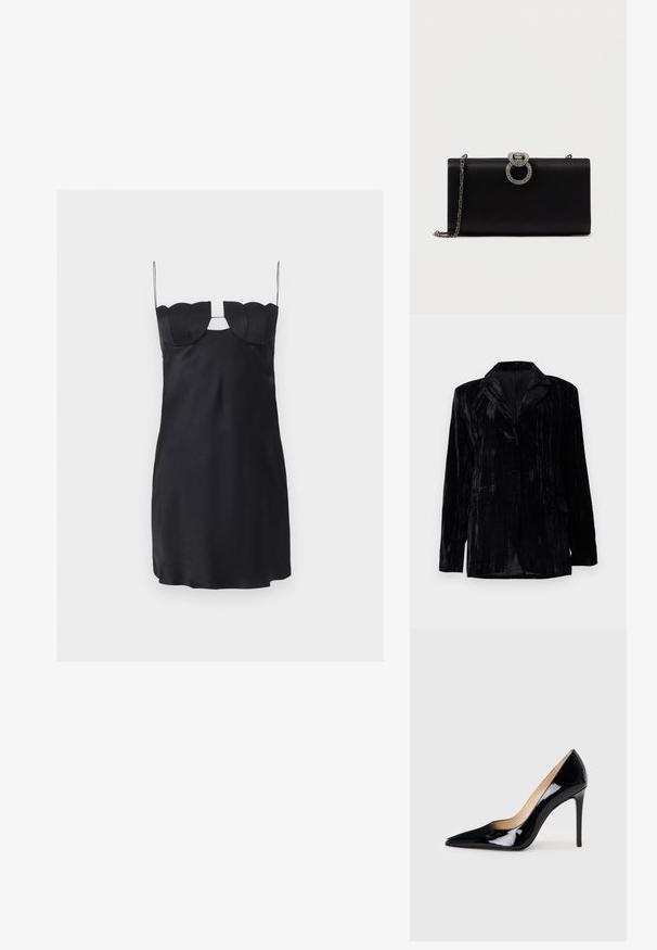 Veste en velours noir avec texture à rayures verticales, revers crantés, deux poches avant et une fermeture à un bouton. Coupe tailored.; Mini-robe noire avec un buste structuré en forme de coquillage, fines bretelles spaghetti et une découpe en forme de trou de serrure sous le décolleté.; Escarpin noir en cuir verni avec un design à bout pointu et une silhouette élégante. Présente une finition lisse et brillante ainsi qu'un talon aiguille fin.; Pochette en satin noir avec une fermeture circulaire en métal argenté ornée de strass, dotée d'une chaîne amovible.