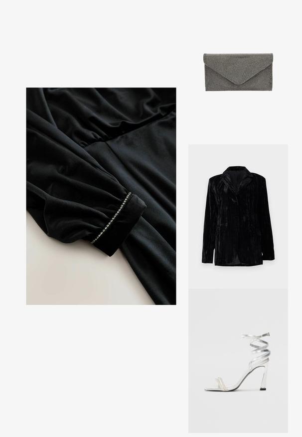 Veste en velours noir avec texture à rayures verticales, revers crantés, deux poches avant et une fermeture à un bouton. Coupe tailored.; Robe en velours noir à manches longues, présentant des détails froncés à la taille et des poignets ornés d'une rangée de petits accents brillants.; Sandale à talons hauts argentée avec un design de lanière brillante, mettant en avant un accent semblable à une perle et une lanière de cheville en spirale pour un maintien sécurisé.; Pochette en tissu noir avec un motif texturé clouté et fermeture portefeuille, présentant une forme rectangulaire élégante et sans quincaillerie visible.