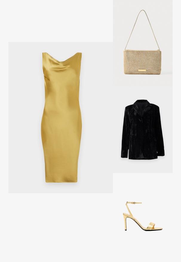 Chaqueta de terciopelo negro con textura de rayas verticales, solapas con muesca, dos bolsillos frontales y cierre de un solo botón. Corte entallado.; Vestido de satén amarillo con escote drapeado, forma ajustada, largo hasta la rodilla y textura suave. Sin patrones o acentos visibles.; Sandalias de tacón alto de charol dorado con efecto piel de cocodrilo, con una correa en el tobillo, punta abierta, tacón de aguja delgado y un acabado liso y brillante.; Bolso clutch dorado de forma rectangular, cubierto de brillantes pedrería plateada. Cuenta con una delgada correa metálica para el hombro y cierre de cremallera.