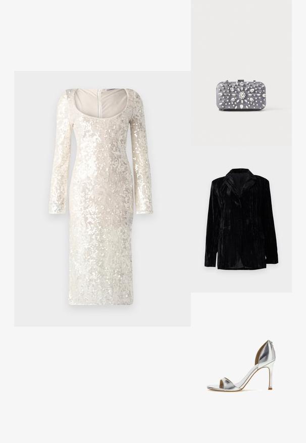 Veste en velours noir avec texture à rayures verticales, revers crantés, deux poches avant et une fermeture à un bouton. Coupe tailored.; Robe à manches longues, crème, recouverte de sequins avec un décolleté rond et une silhouette moulante. Présente une fermeture éclair à l'arrière.; Sandale à talon haut métallisé argent avec bout ouvert, bride à la cheville et talon aiguille fin sur fond blanc.; Petit sac pochette rectangulaire gris foncé orné de strass clairs disposés en motif rayonnant, avec une bandoulière chaîne argentée.