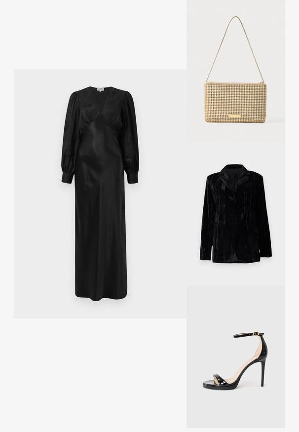 Schwarze Samtjacke mit senkrechtem Streifenmuster, Reverskragen, zwei vorderen Taschen und einem Einzelknopfverschluss. Taillierte Passform.; Schwarzes Satin-Maxi-Kleid mit langen Puffärmeln und einem tiefen V-Ausschnitt sowie gerafften Vorderdetails, das eine glatte Textur und eine elegante Silhouette präsentiert.; Schwarze patentierte Leder-Sandale mit hohen Absätzen, Knöchelriemen und goldener Schnalle, offene Zehen und schlanker Stiletto-Absatz auf einem schlichten Hintergrund.; Goldene Clutch mit rechteckiger Form, bedeckt mit glänzenden silbernen Strasssteinen. Verfügt über einen dünnen, metallischen Schulterriemen und einen Reißverschluss.