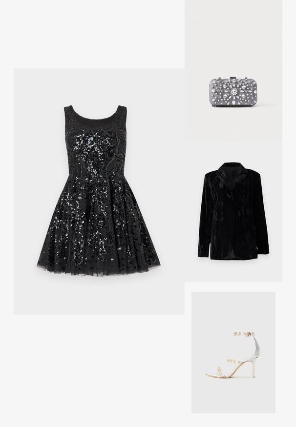 Veste en velours noir avec texture à rayures verticales, revers crantés, deux poches avant et une fermeture à un bouton. Coupe tailored.; Robe de cocktail noire sans manches avec une jupe évasée, décorée de sequins noirs et argentés élaborés en motifs floraux.; Sandale à talon transparent avec des brides transparentes ornées de clous dorés, talon fin et design ouvert à l'avant avec une finition lisse et brillante.; Petit sac pochette rectangulaire gris foncé orné de strass clairs disposés en motif rayonnant, avec une bandoulière chaîne argentée.