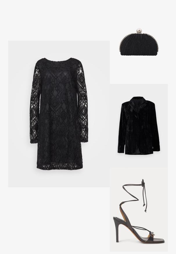 Schwarze Samtjacke mit senkrechtem Streifenmuster, Reverskragen, zwei vorderen Taschen und einem Einzelknopfverschluss. Taillierte Passform.; Schwarzes Spitzenkleid mit geometrischem Muster, langen Ärmeln und Rundhalsausschnitt, mit transparenter Textur und fester Unterlage.; Schwarze Sandale mit hohem Absatz, dünnen Riemen zum Umwickeln des Knöchels, offenem Zehenbereich und silbernen dekorativen Ringen am vorderen Riemen vor weißem Hintergrund.; Schwarze Abend-Clutch mit strukturiertem Stoff, eingefasst von einer Reihe kleiner Perlen und einem großen Perlenverschluss oben.