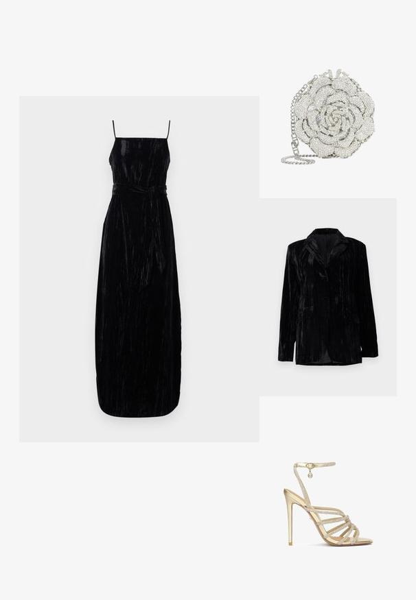 Chaqueta de terciopelo negro con textura de rayas verticales, solapas con muesca, dos bolsillos frontales y cierre de un solo botón. Corte entallado.; Vestido maxi de terciopelo negro con tirantes finos, un cuerpo ceñido y un cinturón a juego en la cintura. Tejido texturizado con un ligero brillo.; Sandalias de tacón alto doradas con múltiples tiras adornadas con cristales y una correa en el tobillo, que cuentan con un acabado metálico suave y una puntera afilada.; Clutch redondo plateado con forma de rosa, completamente incrustado con cristales transparentes, y con una correa de cadena plateada.