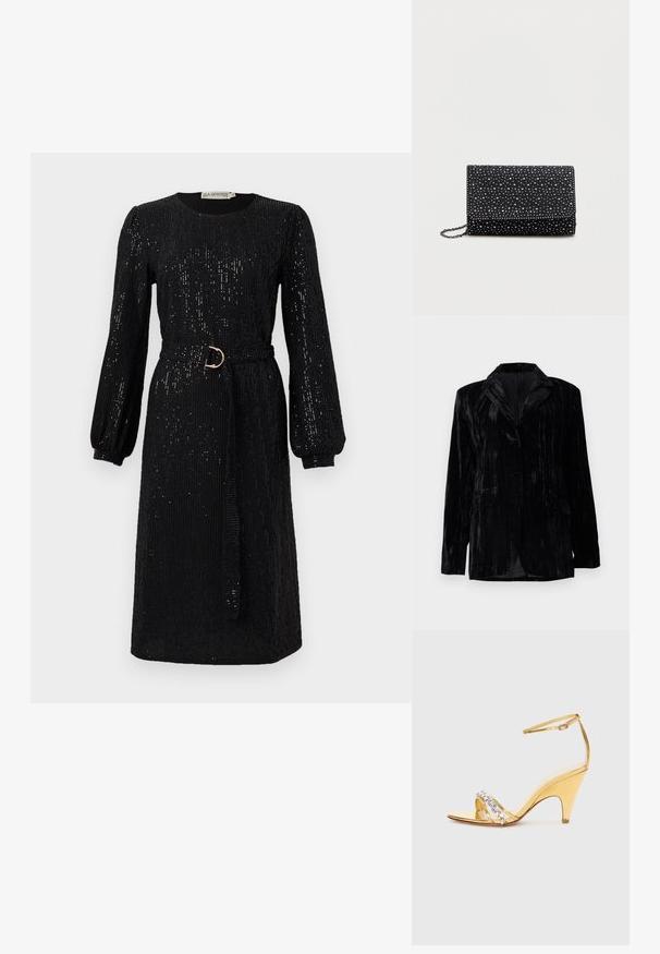 Chaqueta de terciopelo negro con textura de rayas verticales, solapas con muesca, dos bolsillos frontales y cierre de un solo botón. Corte entallado.; Vestido negro con mangas largas y abullonadas y una cintura ceñida con cinturón. Hecho de tela de lentejuelas, con escote redondo y corte recto.; Sandalia con tacón dorado de diseño con tiras, que presenta una banda decorada con strass. Punta abierta, correa ajustable en el tobillo y tacón afilado.; Bolso de mano negro con solapa, hecho de material texturizado, adornado con tachuelas plateadas distribuidas uniformemente en la superficie. Cuenta con una correa de cadena.