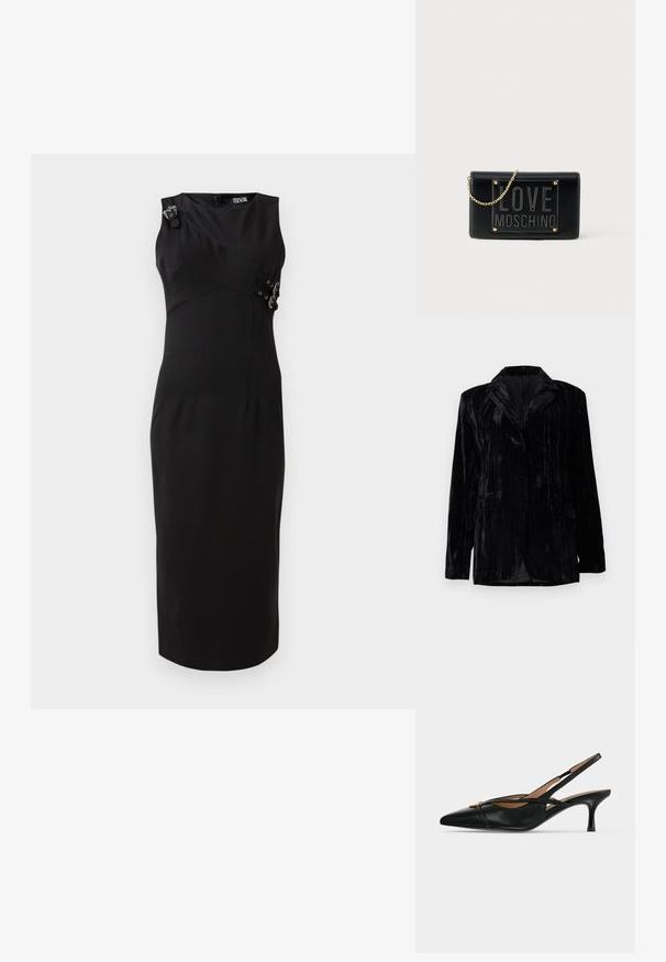 Chaqueta de terciopelo negro con textura de rayas verticales, solapas con muesca, dos bolsillos frontales y cierre de un solo botón. Corte entallado.; Vestido negro ajustado con diseño sin mangas, corsé estructurado, detalles laterales con acentos de metal y falda recta a la altura de la rodilla.; Zapato slingback de cuero negro con punta puntiaguda, tacón bajo tipo kitten y detalle de hebilla dorada en el frente.; Clutch de cuero negro con una correa de cadena dorada, que presenta un diseño prominente en relieve "LOVE MOSCHINO" y detalles de herrajes dorados.