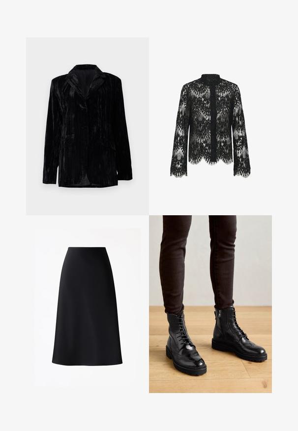 Veste en velours noir avec texture à rayures verticales, revers crantés, deux poches avant et une fermeture à un bouton. Coupe tailored.; Blouse en dentelle noire à manches longues avec des motifs floraux, ourlet festonné, col haut et fermeture à boutons.; Jupe noire trapèze en tissu lisse et doux. Caractérisée par une taille haute et un ourlet arrivant au genou. Design simple sans motifs ni accents visibles.; Bottines en cuir noir avec des détails de brogue, un laçage à l'avant, des fermetures éclair sur les côtés et des semelles en caoutchouc texturé. Associées à un pantalon slim noir.