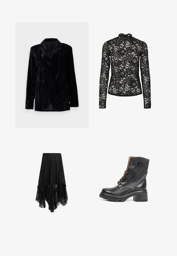 Veste en velours noir avec texture à rayures verticales, revers crantés, deux poches avant et une fermeture à un bouton. Coupe tailored.; Haut en dentelle noire à manches longues avec col haut agrémenté d'une bordure à volants, motifs floraux et texture transparente. Conçu pour un ajustement près du corps.; Jupe noire asymétrique avec superposition de dentelle transparente et ourlet à volants, équipée d'une ceinture ajustée et de détails texturés sur le tissu.; Bottine en cuir noir avec talon épais, lacets à l'avant, fermeture éclair latérale et un patch rectangulaire cousu près du haut.