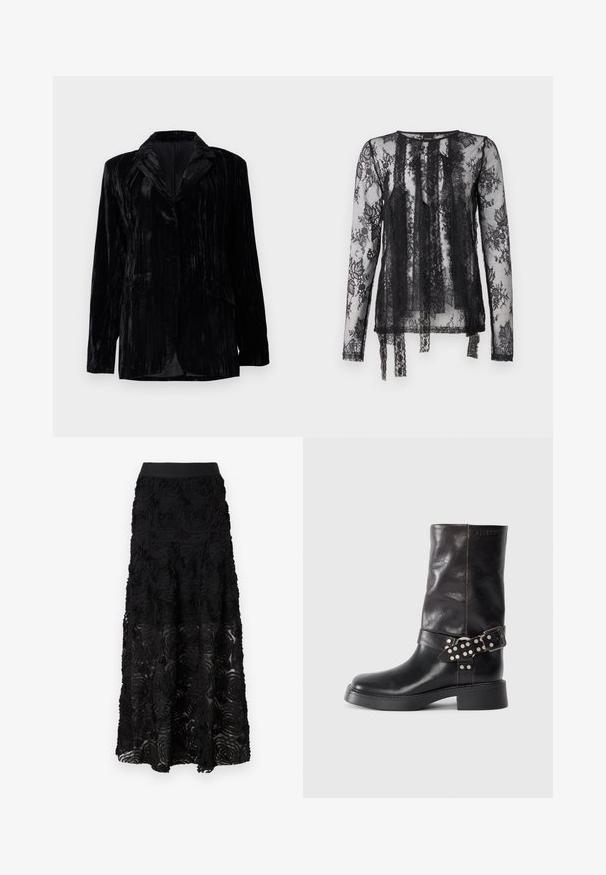 Schwarze Samtjacke mit senkrechtem Streifenmuster, Reverskragen, zwei vorderen Taschen und einem Einzelknopfverschluss. Taillierte Passform.; Durchsichtiger schwarzer Langarm-Top mit aufwendigen Spitzenblumenmustern, runder Ausschnitt und fließenden Fransen an der Vorderseite.; Maje JOSINO - Maxirock - noir; Schwarze Lederstiefelette mit runder Zehenform, stabiler Absatz und dekorativem Schnallenriemen mit silbernen Nieten. Glatte Textur.