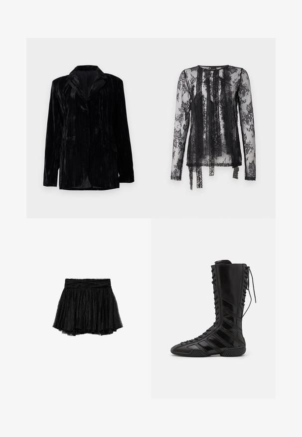 Veste en velours noir avec texture à rayures verticales, revers crantés, deux poches avant et une fermeture à un bouton. Coupe tailored.; Top noir en dentelle transparente à manches longues avec des motifs floraux en dentelle intricate, un col rond et des franges fluides sur le devant.; Jupe en dentelle noire avec un design plissé, dotée d'une taille ajustée et d'une doublure en tulle superposée pour plus de volume et de texture.; Bottes montantes noires en matériau synthétique brillant, présentant un design de laçage sophistiqué et des accents de rayures diagonales sur les côtés.