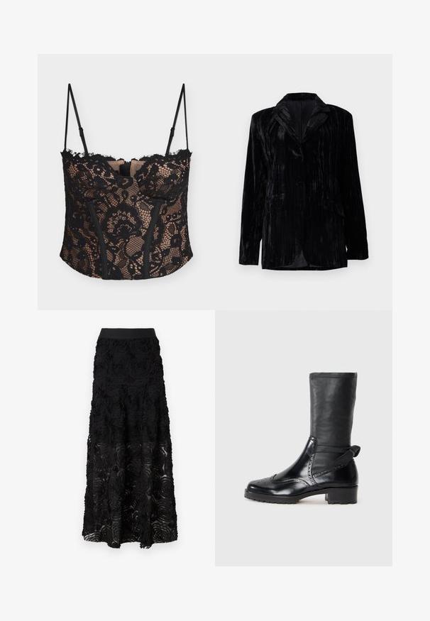 Veste en velours noir avec texture à rayures verticales, revers crantés, deux poches avant et une fermeture à un bouton. Coupe tailored.; Haut style corset en dentelle noire avec motif floral, doublure couleur nude, bretelles fines réglables et panneaux avant structurés.; Maje JOSINO - Jupe longue - noir; Bottine noire avec une tige en cuir lisse, des détails de brogue, un bout rond et un talon bloc de hauteur moyenne. Comprend un tige douce et texturée.