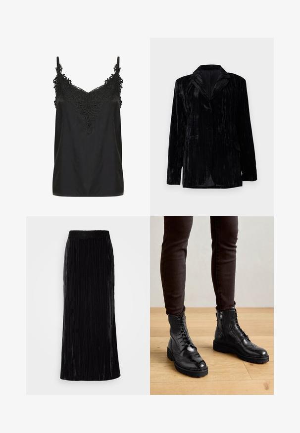 Zwarte fluwelen jas met verticale ribstructuur, notched revers, twee zakken aan de voorkant en een enkele knoopsluiting. Getailleerde pasvorm.; Zwart cami-top met een v-hals en ingewikkelde kantdetails bij de halslijn. Voorzien van spaghettibandjes en een soepele, lichte stof.; Zwarte fluwelen maxirok met verticale plooien en een golvende kant tailleband. De stof heeft een zachte, gestructureerde uitstraling.; Zwarte leren enkellaarsjes met brogue-details, een vetersluiting aan de voorkant, ritsen aan de zijkant en gestructureerde rubberen zolen. Gecombineerd met donkere slim-fit broek.