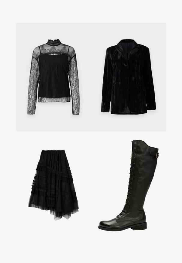 Veste en velours noir avec texture à rayures verticales, revers crantés, deux poches avant et une fermeture à un bouton. Coupe tailored.; Haut en dentelle noir à manches longues avec col haut, motif floral complexe, tissu transparent et panneau solide sur la zone de la poitrine.; Jupe noire asymétrique à plusieurs couches avec des détails en dentelle et volants, composée de panneaux de tissu transparent et opaque.; Botte en cuir noir hauteur genou avec un laçage à l'avant, œillets en métal argenté et boucle sur le côté. Présente une finition texturée et un talon empilé.