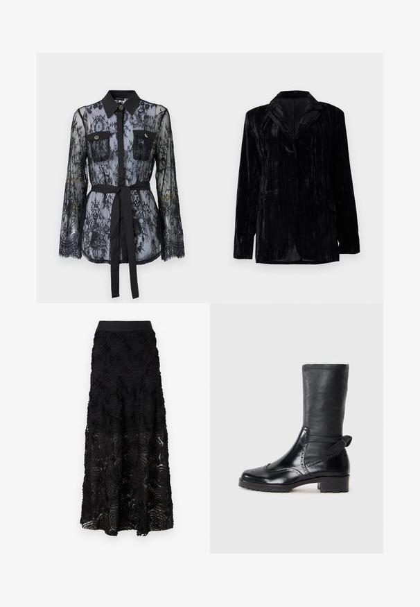 Schwarze Samtjacke mit senkrechtem Streifenmuster, Reverskragen, zwei vorderen Taschen und einem Einzelknopfverschluss. Taillierte Passform.; Schwarze Spitzenbluse mit langen Ärmeln, knöpfbaren Brusttaschen, klassischem Kragen und einem Stoffgürtel, der an der Taille gebunden ist. Transparenter Design.; Maje JOSINO - Maxirock - noir; Schwarze Knöchelstiefel mit einem Obermaterial aus glattem Leder, Broguemuster, runder Zehenform und einem Blockabsatz mittlerer Höhe. Verfügt über einen weichen, strukturierten Schaft.