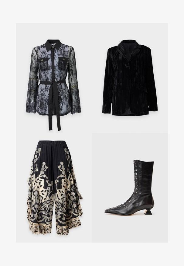 Chaqueta de terciopelo negro con textura de rayas verticales, solapas con muesca, dos bolsillos frontales y cierre de un solo botón. Corte entallado.; Blusa de encaje negro con mangas largas, bolsillos en el pecho con botón, cuello clásico y un cinturón de tela atado a la cintura. Diseño transparente.; Pantalones negros de pierna ancha con bordado de encaje floral beige y dobladillos con volantes, con cintura elástica.; Botín de cuero negro hasta el tobillo con punta afilada, cordones en la parte delantera, ojetes metálicos, tacón bajo y un diseño elegante. Textura suave, silueta moderna.