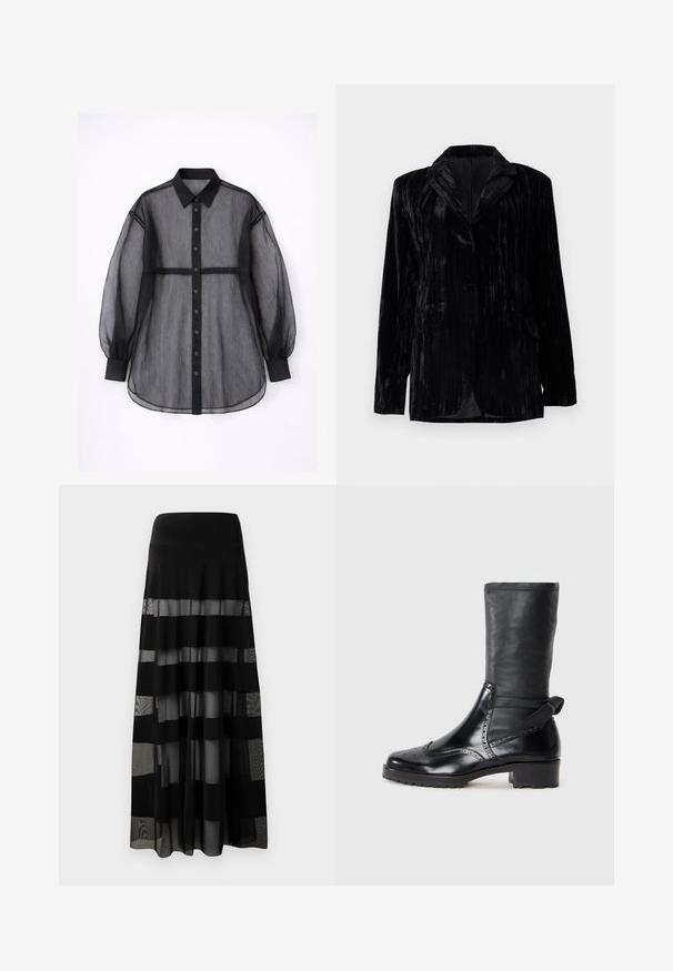 Veste en velours noir avec texture à rayures verticales, revers crantés, deux poches avant et une fermeture à un bouton. Coupe tailored.; Chemise noire transparente avec un design à boutons, manches longues bouffantes, col rabattable et ourlet droit. Tissu texturé.; Jupe maxi noire avec une taille ajustée, comportant des panneaux transparents et des rayures opaques. Tissu léger avec une texture lisse.; Bottine noire avec une tige en cuir lisse, des détails de brogue, un bout rond et un talon bloc de hauteur moyenne. Comprend un tige douce et texturée.