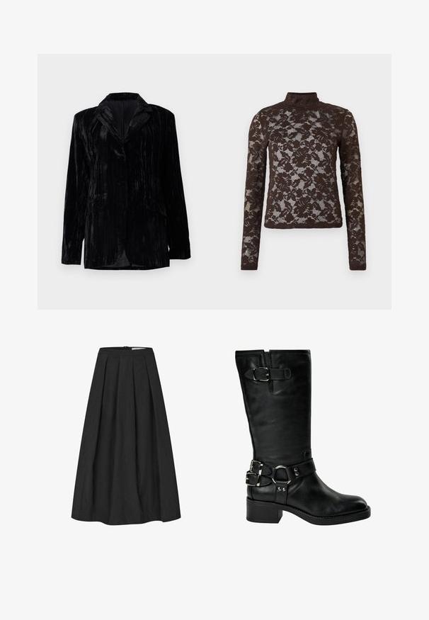 Veste en velours noir avec texture à rayures verticales, revers crantés, deux poches avant et une fermeture à un bouton. Coupe tailored.; Top en dentelle marron avec des manches longues et un col montant. Motif floral, texture transparente et silhouette cintrée. Bords lisses à l'ourlet et aux poignets.; Jupe midi noire taille haute avec de larges plis, forme évasée et fermeture éclair au dos.; Botte noire en cuir jusqu'au milieu du mollet avec un talon bas carré, deux boucles argentées à la cheville, une boucle près du haut, et une sangle avec un détail en anneau métallique.