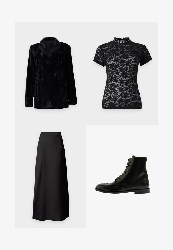 Veste en velours noir avec texture à rayures verticales, revers crantés, deux poches avant et une fermeture à un bouton. Coupe tailored.; Top en dentelle noire avec un col haut à volants et des manches courtes, présentant un motif floral et une texture transparente tout au long.; Jupe maxi en satin noir avec une texture lisse, taille haute, silhouette fluide et sans motifs ni détails en métal visibles.; Bottines en cuir noir avec des détails de brogue, bout rond, lacets à l'avant et une texture lisse avec un talon bas empilé.