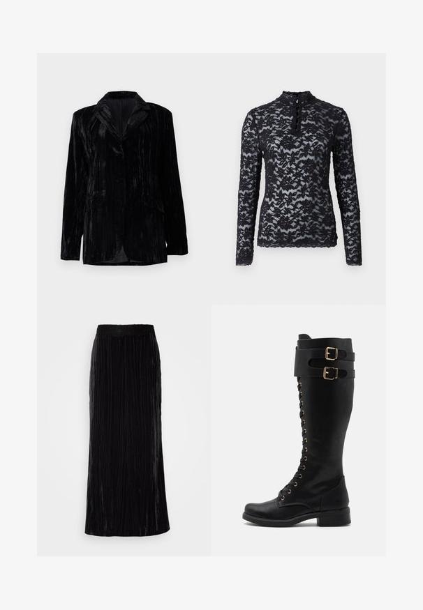 Schwarze Samtjacke mit senkrechtem Streifenmuster, Reverskragen, zwei vorderen Taschen und einem Einzelknopfverschluss. Taillierte Passform.; Rosemunde Langarmshirt - black; Schwarzer Samt-Maxi-Rock mit vertikalen Falten und einem gewellten Spitzensaum. Der Stoff hat ein weiches, strukturiertes Aussehen.; Oberschenkelhohe schwarze Lederstiefel mit goldenen Hardwareakzenten, ausgestattet mit einer Schnürung, zwei Schnallenriemen und einem Blockabsatz.