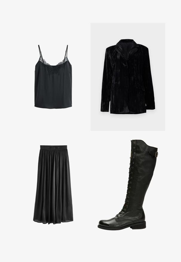 Veste en velours noir avec texture à rayures verticales, revers crantés, deux poches avant et une fermeture à un bouton. Coupe tailored.; Camisole noire sans manches avec bretelles ajustables et bordure en dentelle le long de l'encolure et du haut de la poitrine.; Jupe noire, longueur genou, avec une taille froncée et un design fluide. Fabriquée en tissu léger, lisse et à la texture douce.; Botte en cuir noir hauteur genou avec un laçage à l'avant, œillets en métal argenté et boucle sur le côté. Présente une finition texturée et un talon empilé.