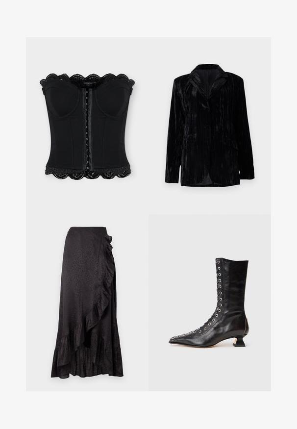 Veste en velours noir avec texture à rayures verticales, revers crantés, deux poches avant et une fermeture à un bouton. Coupe tailored.; Corset noir sans bretelles avec fermeture à crochets à l'avant, bonnets moulés et bordure en dentelle festonnée en haut et en bas.; Jupe en satin noir avec un ourlet froncé et des détails sur le côté. Le motif léopard texturé ajoute un intérêt visuel. Silhouette longue et fluide.; Bottine noire en cuir avec un bout pointu, laçage à l'avant, œillets en métal, petit talon block et un design épuré. Texture lisse, silhouette moderne.