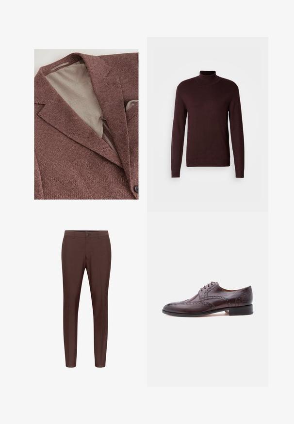 Bruine gestructureerde blazer met een notch-lapel en twee knopen. De binnenkant heeft een lichtgekleurde, gestippelde voering.; Bordeaux coltrui gemaakt van een zachte brei stof, met lange mouwen, een aansluitend lichaam en geribde manchetten en zoom. Gladde textuur, minimalistisch ontwerp.; Bruine op maat gemaakte broek met een vlakke voorkant, riemlussen en een enkele knoopsluiting. Gemaakt van een gladde stof met een rechte pijpdesign.; Bruine leren nette schoen met broguedetails, een afgeronde neus, zes veterogen en een lage gestapelde hak. Gladde afwerking met contrasterende accenten.