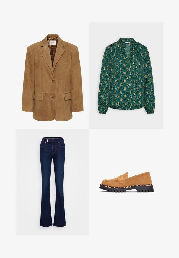 Blazer en daim brun avec un col à revers, fermeture à un bouton, deux poches à l'avant et une silhouette épurée. Doublure intérieure lisse.; VILA VIZINO HIGH NECK - Blouse - ivy green/gold foil; Jean évasé bleu foncé en denim, avec une taille haute, deux poches avant, une fermeture éclair et un bouton, ainsi que des coutures contrastées.; Mocassins en daim beige avec un accent en imprimé léopard sur la semelle et une semelle extérieure en caoutchouc noir. Caractérisent un design de mocassin cousu.