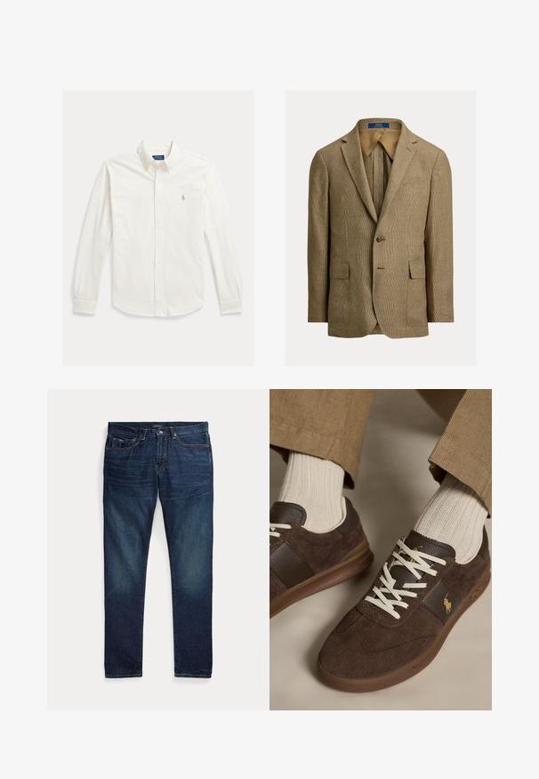 Beiger Herrenblazer mit Karomuster, fallenden Revers, Ein-Knopf-Front und Pattentaschen, mit Polo Ralph Lauren Label, vor weißem Hintergrund präsentiert.; Weißes langärmeliges Hemd mit Knopfleiste und Kragen, mit Polo Ralph Lauren-Logo auf der linken Brustseite bestickt.; Dunkelblaue Denim-Jeans mit fünf Taschen, Reißverschluss und Knopfverschluss, flach auf einem weißen Hintergrund ausgelegt.; Braune Veloursleder-Sneaker mit weißen Schnürsenkeln, getragen mit beigen gerippten Socken und hellbraunen Hosen.
