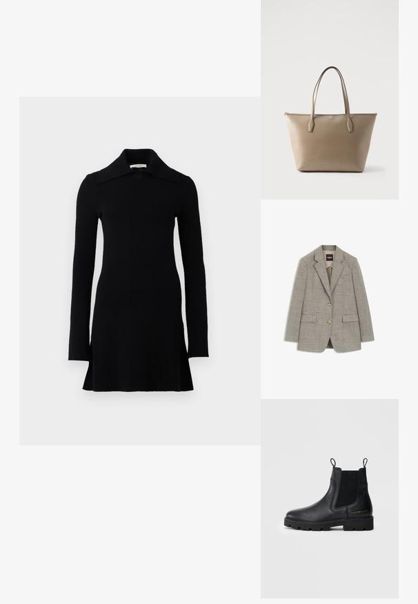Enkeltknappet lysebrun blazer med struktur, notch-kraver, to forreste knapper, klaplommer og et sort BOSS-mærke indeni kraven.; Sort langærmet mini kjole med bred krave, tætsiddende talje og let udvidet kant, præsenteret på en hvid baggrund.; Sorte læder Chelsea støvle med elastiske sidepaneler, praktiske trækflapper, robust gummisål og guldbranding på den ydre side.; Taupe lædertaske med dobbelte håndtag og et lille "BOSS"-logo centreret nær den øverste lynlås.