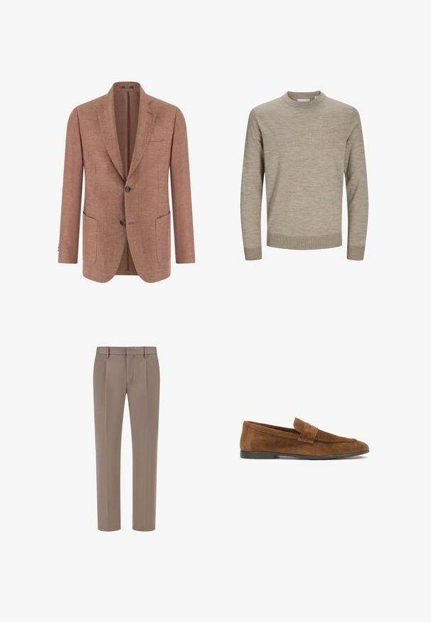 Blazer en lin marron avec revers crantés, deux boutons, trois poches avant et manches longues.; Pull beige à manches longues avec col rond, poignets et ourlet côtelés, présenté sur un fond blanc.; Pantalons chics beiges en tissu lisse, avec un devant plat, deux plis sur chaque jambe et une coupe droite épurée.; Mocassin en daim marron avec une semelle noire basse et une bride sur le dessus, présenté de profil sur fond blanc.