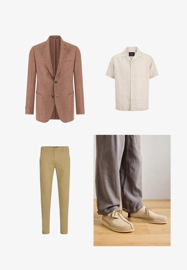Bruine linnen blazer met uitgewerkte revers, twee knopen, drie voorzakken en lange mouwen.; Beige linnen overhemd met korte mouwen, een campkraag, knopen aan de voorkant en een ontspannen pasvorm, afgebeeld op een witte achtergrond.; Beige slim-fit chinos met knoop- en ritssluiting, schuine voorzakken en riemlussen, afgebeeld op een witte achtergrond.; Beige suède schoenen met een ronde neus, vetersluiting en gestikte accenten, gecombineerd met losse grijze linnen broek op een houten vloer.