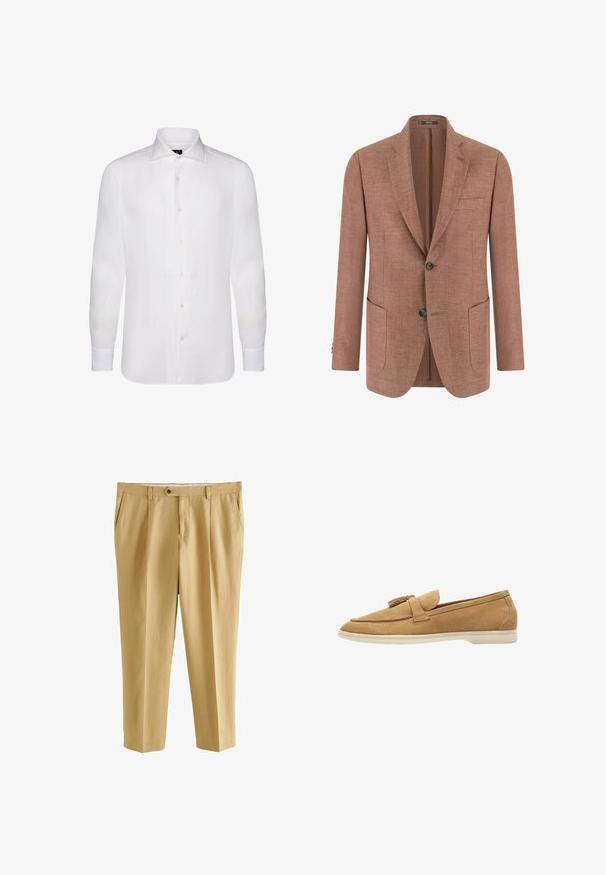 Brauner Leinenblazer mit Kerbkragen, zwei Knöpfen, drei Vordertaschen und langen Ärmeln.; Weißes langärmliges Button-Down-Shirt aus leichtem Stoff, das einen klassischen Kragen, eine subtile Textur und sechs Knöpfe auf der Vorderseite aufweist.; Beige, maßgeschneiderte Herrenhose mit Seitentaschen, Gürtelschlaufen, Knopfverschluss und vorderem Reißverschluss.; Scarosso LEANDRO - Slipper - beige suede