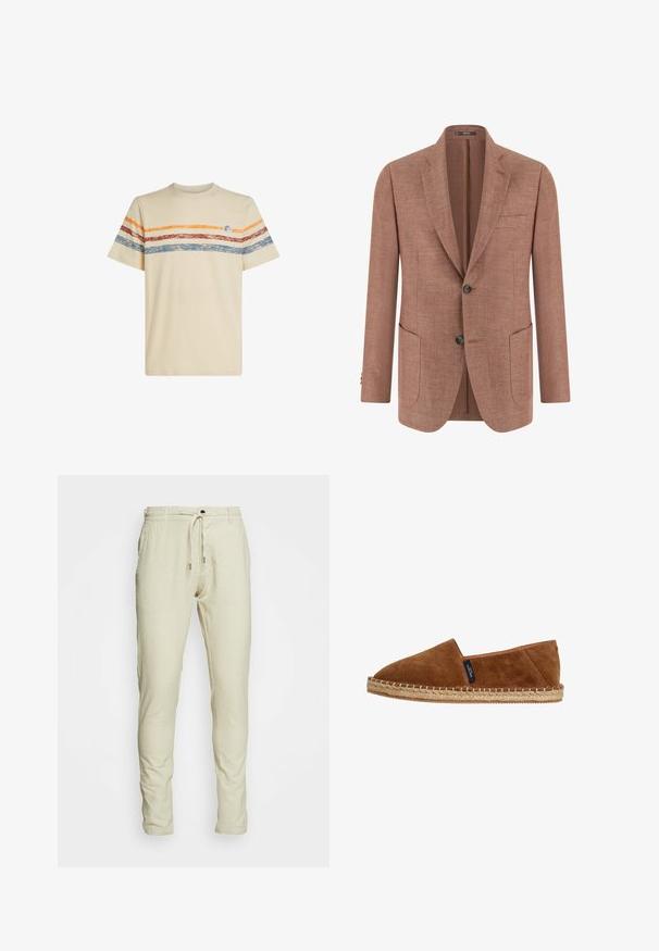 Bruine linnen blazer met uitgewerkte revers, twee knopen, drie voorzakken en lange mouwen.; Crème katoenen t-shirt met horizontale strepen in oranje, rood en blauw. Korte mouwen, ronde halslijn en een klein logo detail op de borst.; Lichtbeige joggerbroeken met een elastische tailleband, verstelbaar trekkoord en taps toelopende broekspijpen. Gemaakt van zachte, ademende stof. Geen zichtbare patronen.; Bruine suède instapschoen espadrille met een ronde neus, natuurlijke jute zool en stiksels langs de rand. Geen zichtbare merknaam behalve een klein label.