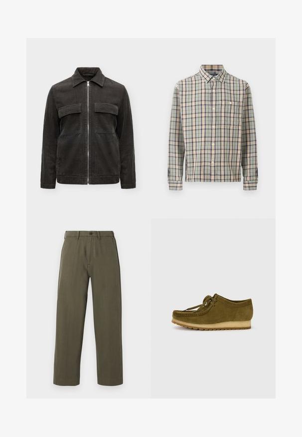 Donkergrijze corduroy jas met ritssluiting aan de voorkant, twee borstzakken met klep, lange mouwen en een kraag op een effen achtergrond.; Overhemd met knopen en lange mouwen, met een geruit patroon in groen, beige en donkerblauw, en een borstzak, op een effen achtergrond.; Olijfgroene rechtvallende broek met broekriemlussen, knoopsluiting aan de voorkant en zijzakken, gepresenteerd op een witte achtergrond.; Olijfgroene suède schoen met een ronde neus, vetersluiting en een lage, gestructureerde rubberen zool. Minimale stiknaad details langs de rand.