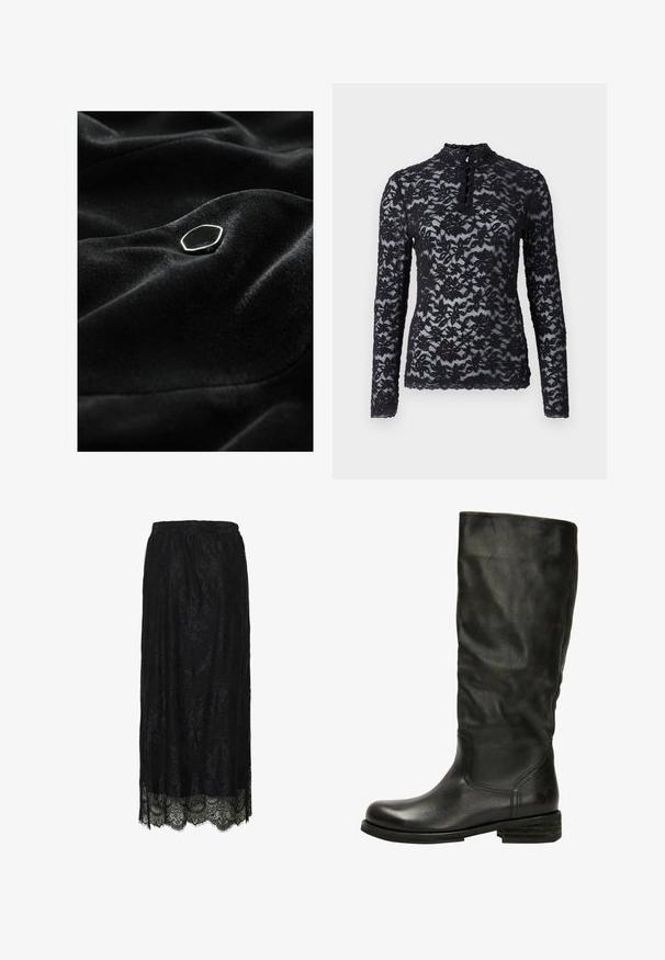 Sort fløjlstof med en glat tekstur, der har en fremtrædende hexagonal sølvknap. Stofmetoden har subtile folder og skygger.; Rosemunde Langærmet T-shirt - black; Sort blonde midiskørt med scallop-kant og blomstermønster, der har en elastisk talje.; Felmini Høje støvler/ Støvler - black
