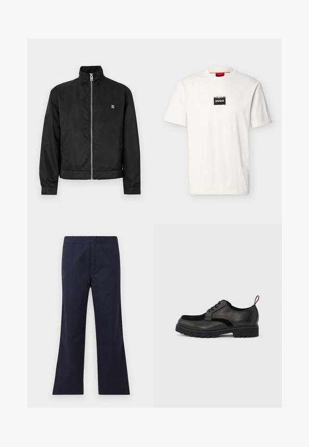 Schwarze Jacke zum Reißverschluss mit hohem Kragen, langen Ärmeln, seitlichen Taschen und kleinem "HUGO"-Logo auf der linken Brust.; Weißes T-Shirt mit kurzen Ärmeln und Rundhalsausschnitt, versehen mit einem kleinen schwarzen rechteckigen Aufnäher und weißem "HUGO"-Schriftzug auf der Brust.; Marineblaue, schmal geschnittene Hose aus glattem Material. Mit einem elastischen Bund und seitlichen Taschen. Klare Linien und minimalistisches Design.; Schwarzer Leder-Schnürschuh mit dicker, profillierter Sohle und rotem Fersenzuglasche, seitlich auf einem hellgrauen Hintergrund dargestellt.