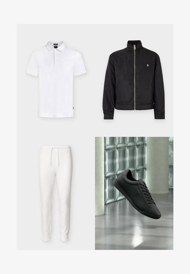 Zwart jack met ritssluiting, hoge kraag, lange mouwen, zijzakken en klein "HUGO"-logo op de linkerborst.; Wit poloshirt met korte mouwen, kraag en drie knopen, met een subtiel "BOSS"-logo op de borst en een klein label aan de zijkant.; Witte slim-fit joggerbroek met elastische tailleband en trekkoord, met geribbelde boorden bij de enkels, weergegeven op een effen achtergrond.; Zwarte leren sneaker met veters en "BOSS"-logo, zwevend boven een reflecterende betonnen vloer in een modern interieur met glasstenen muur.