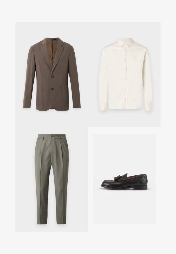 Brun herreblazer med to knapper, reverskrave, brystlomme og to forlommer, vist mod en ensfarvet lys baggrund.; Herre langærmet skjorte i off-white med knaplukning, spidse krave og en diskret broderet logo på venstre bryst.; Beige skræddersyede bukser med lige ben, der har en knaplukning, folder foran og en elastisk talje for komfort.; Sorte læder loafers med en rund tå, prydet med en dekorativ kvast på forsiden og en lav hæl. Glat tekstur med diskret syning.