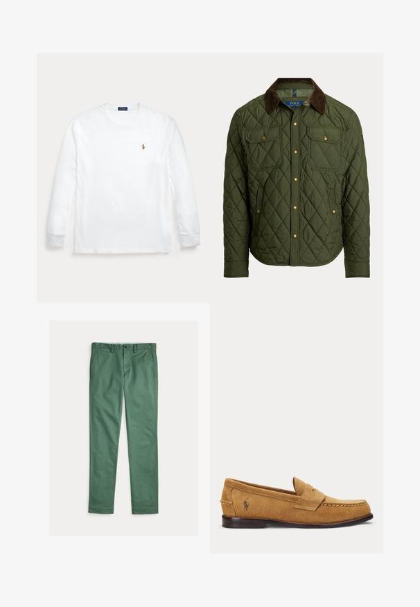 Chaqueta acolchada verde oliva con cuello de pana marrón, botones de presión dorados, dos bolsillos con solapa en el pecho y dos bolsillos laterales.; Camiseta blanca de manga larga con cuello redondo y pequeño logo bordado de Polo Ralph Lauren en el pecho izquierdo.; Pantalones verdes de corte recto para hombre con bolsillos delanteros, trabillas para cinturón y cierre de botón, mostrados extendidos sobre un fondo blanco.; Mocasín de ante color tostado con detalles cosidos y un pequeño logo bordado de caballo en el lateral, con un tacón bajo de madera y diseño sin cordones.